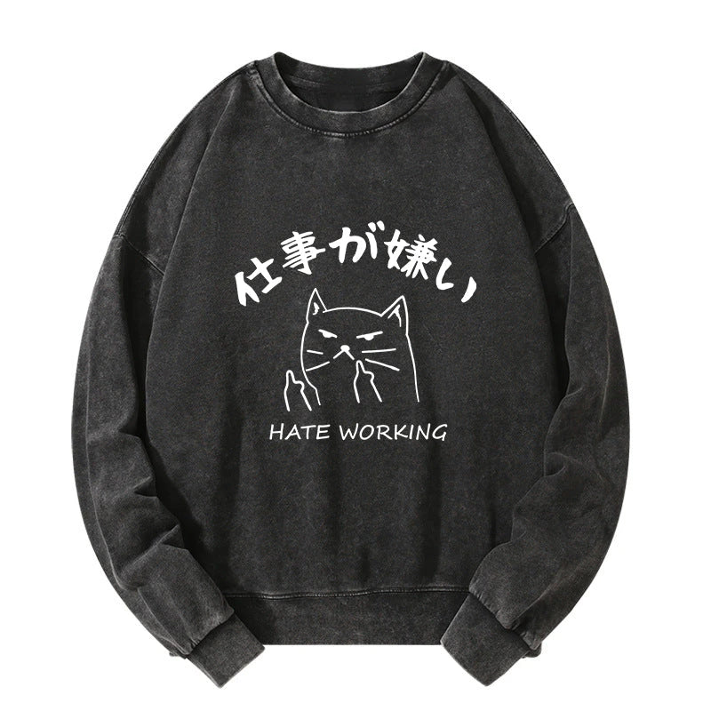 A Cat That Hates Work Washed Sweatshirt