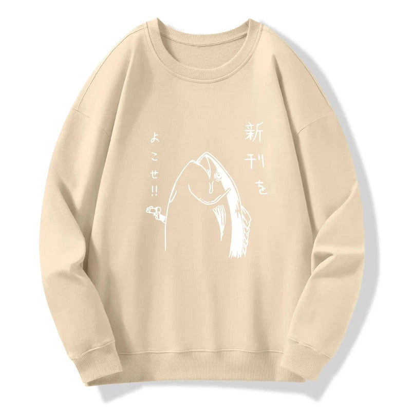 Japanese Fish Hold Up White Sweatshirt