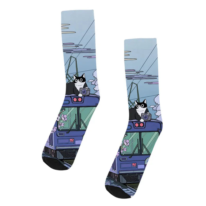 Black Cat On The Train Socks