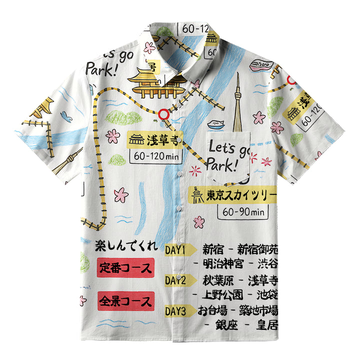 Tokyo's Famous Attractions Roadmap White Button-up Shirt