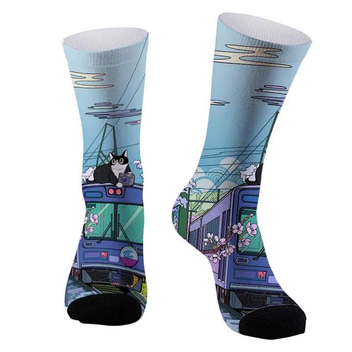 Black Cat On The Train Socks