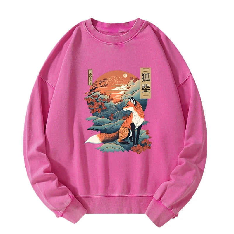 Japanese Kitsune Fox Sakura Washed Sweatshirt
