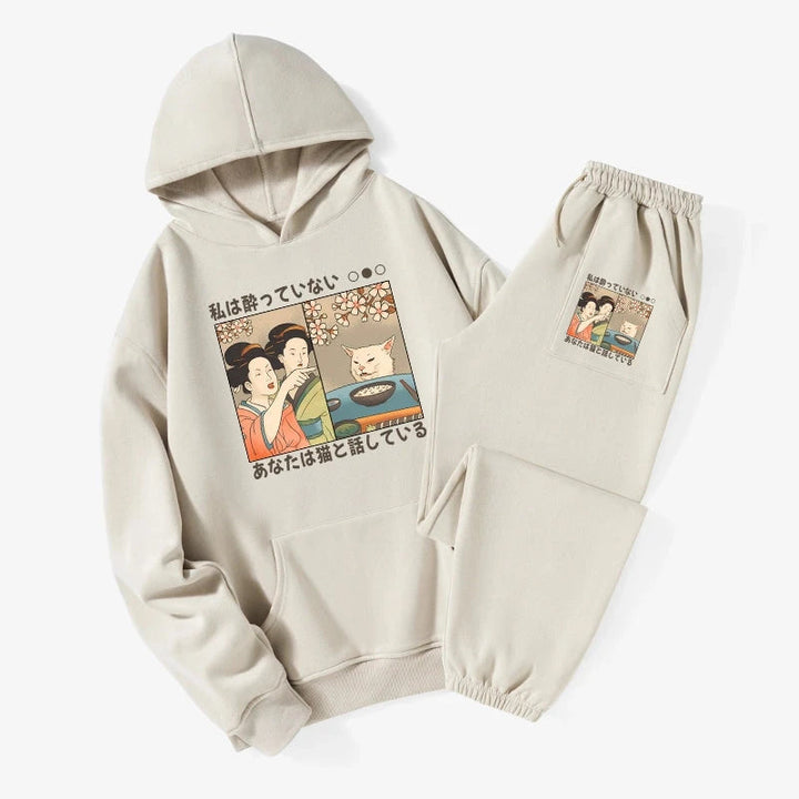 Japanese Woman Shouting at a Cat Fleece Lined Hoodie Set