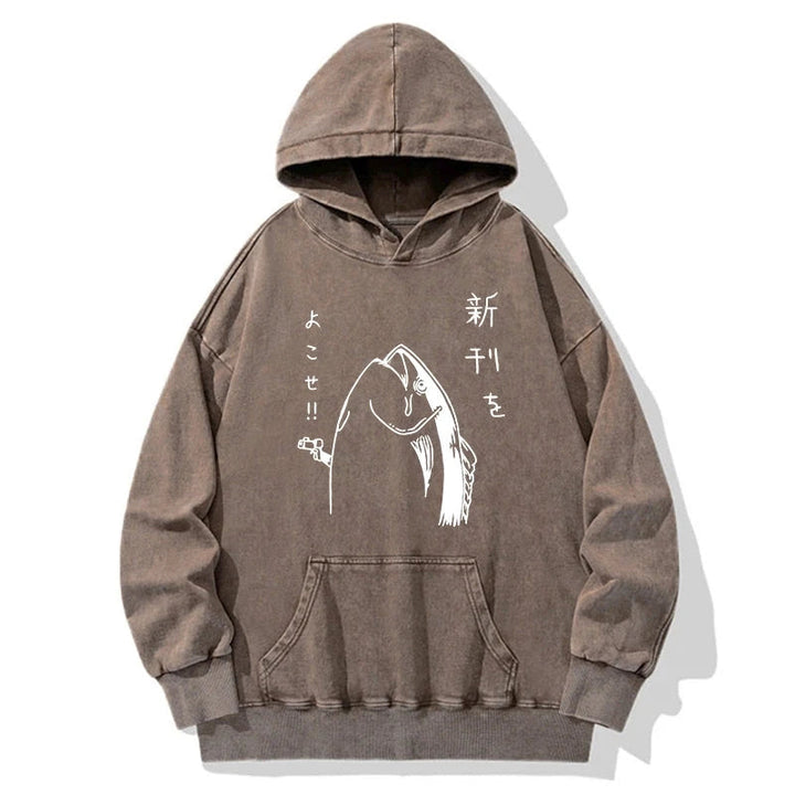 Japanese Fish Hold Up White Washed Hoodie