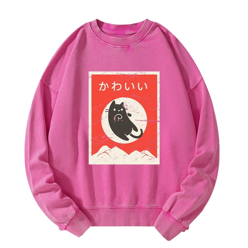 Cute Black Cat Japanese Washed Sweatshirt