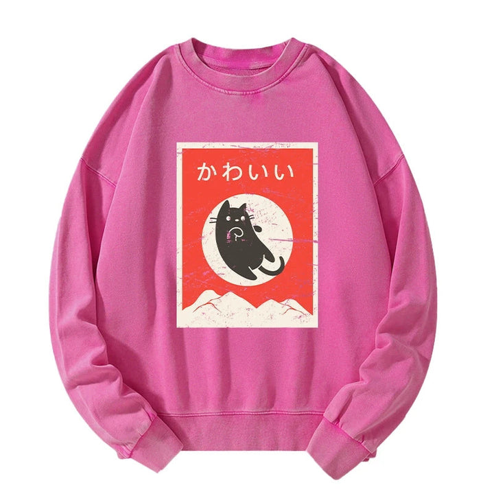 Cute Black Cat Japanese Washed Sweatshirt