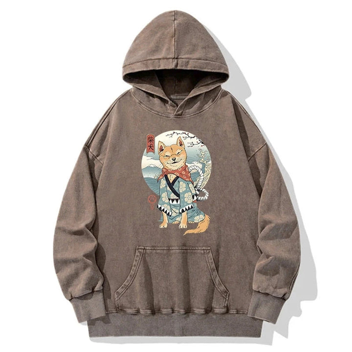 Samurai Shiba Dog Japanese Washed Hoodie