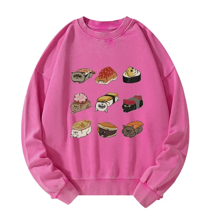 Cute Cat Sushi Washed Sweatshirt