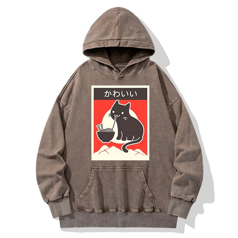 Kawaii Vintage Ramen Cat Washed Hoodie