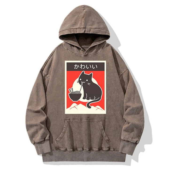 Kawaii Vintage Ramen Cat Washed Hoodie