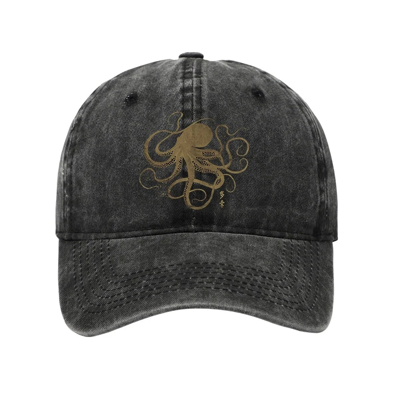 Octopus Japanese Gold Print Tattoo Washed Cap