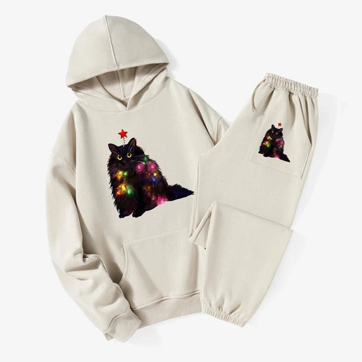 Christmas Lights Cat Fleece Lined Hoodie Set