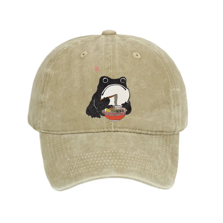 Funny Frog Eating Ramen Washed Cap