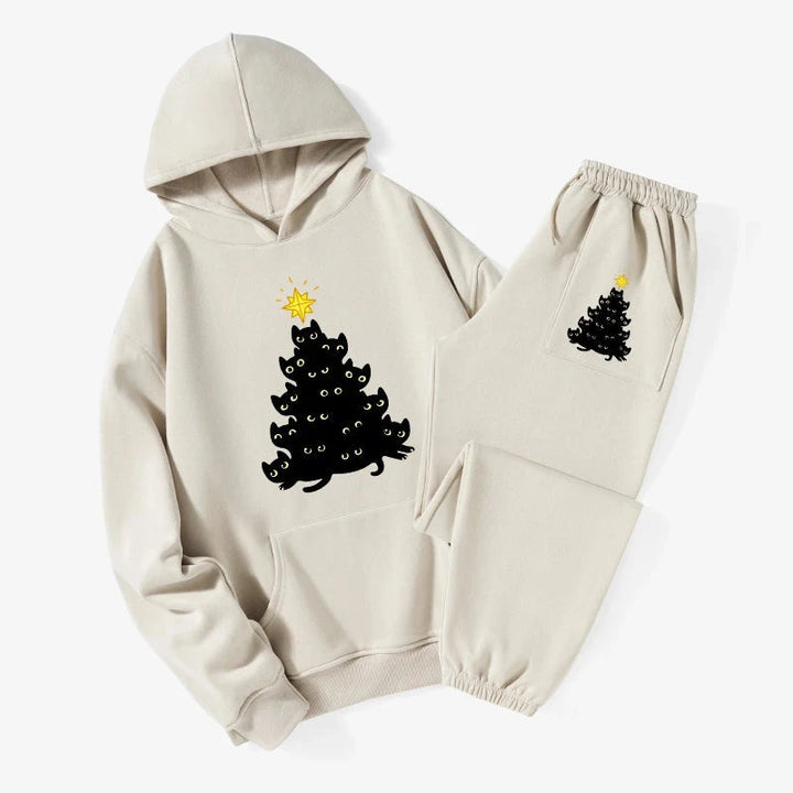 Black Cat Christmas Tree Fleece Lined Hoodie Set