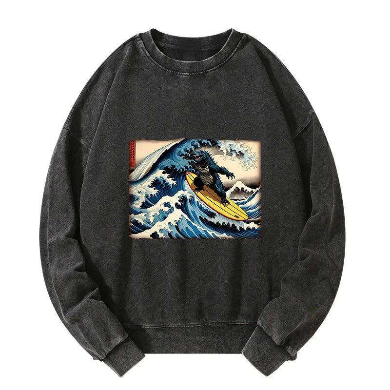 Dinosaur Surfing Japanese Washed Sweatshirt