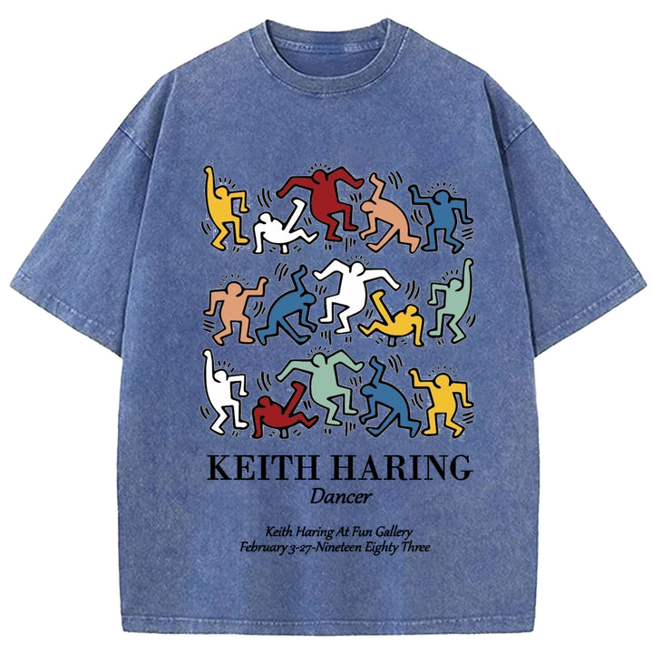 Keith Haring Dancer Vintage Design Washed Crew Neck T-Shirt