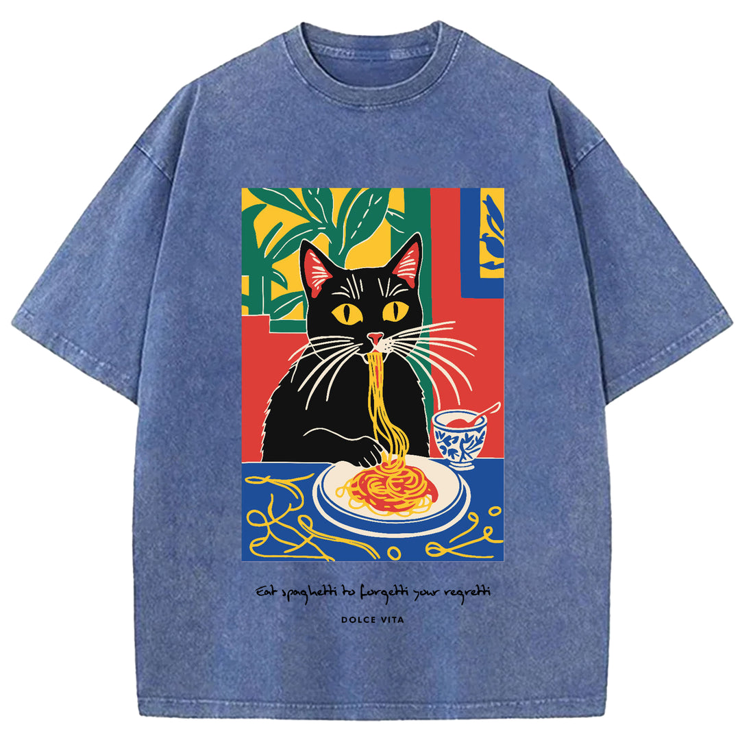 Cat Eating Ramen Vintage Washed Crew Neck T-Shirt