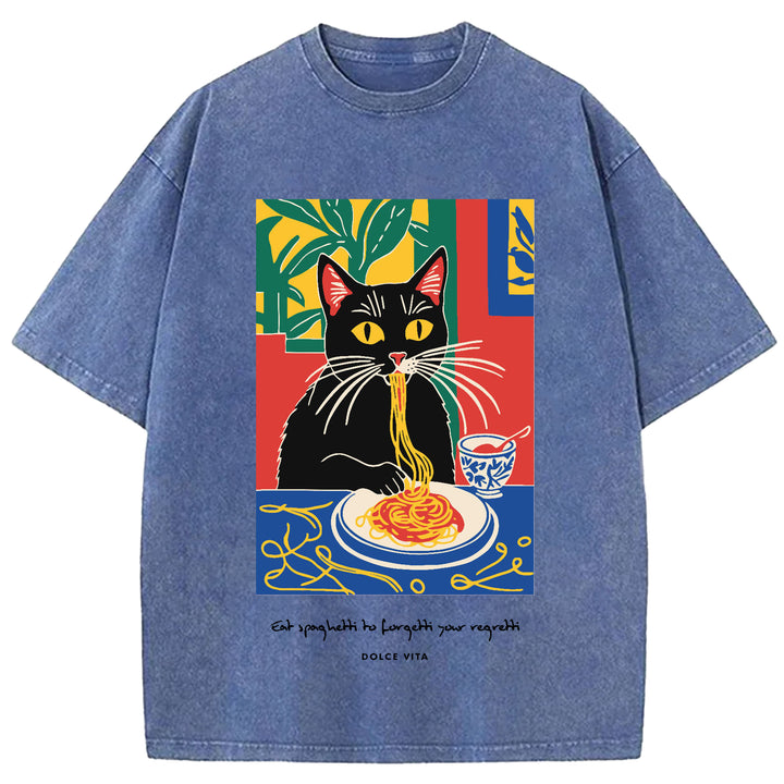 Cat Eating Ramen Vintage Washed Crew Neck T-Shirt