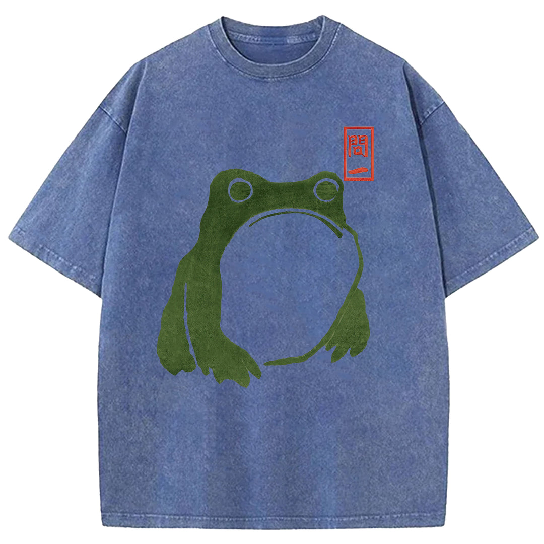 Retro Frog Design Washed Crew Neck T-Shirt