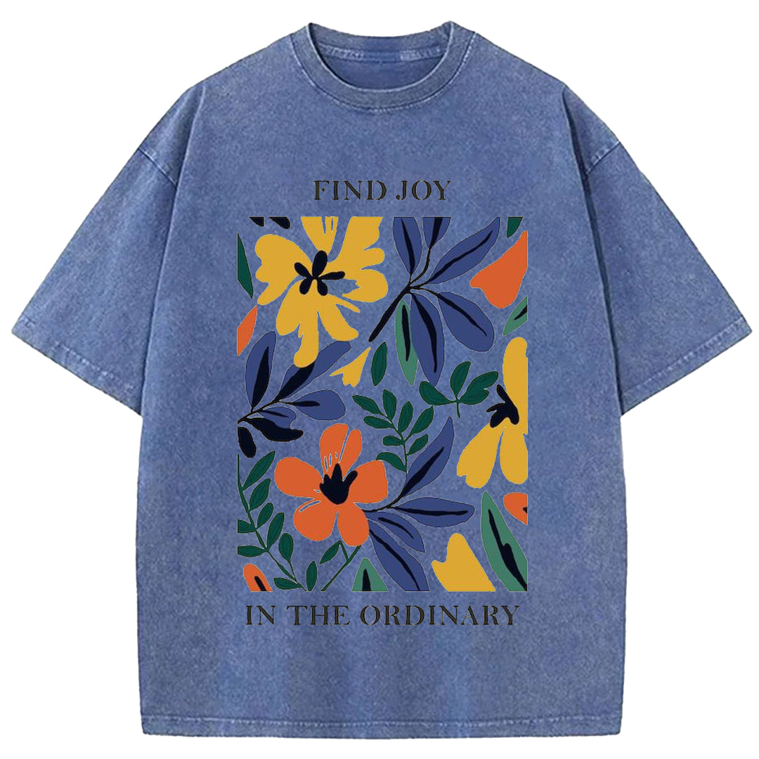 Vintage Flower Design Washed Crew Neck T-shirt