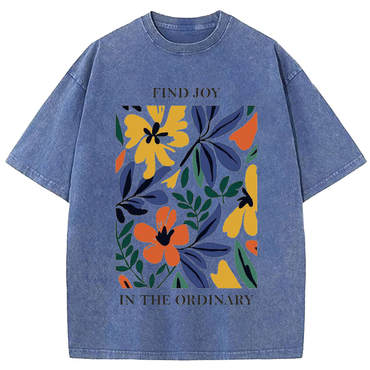 Vintage Flower Design Washed Crew Neck T-shirt