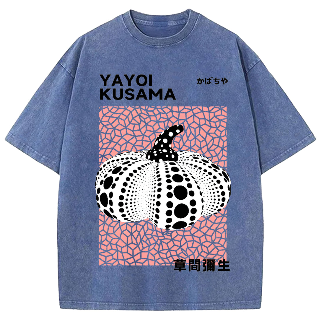 Yayoi Kusama Polka Dot Pumpkin Vintage Design Washed Crew Neck T-Shirt