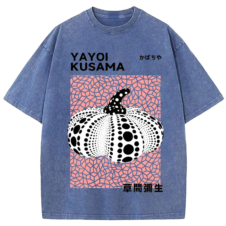 Yayoi Kusama Polka Dot Pumpkin Vintage Design Washed Crew Neck T-Shirt