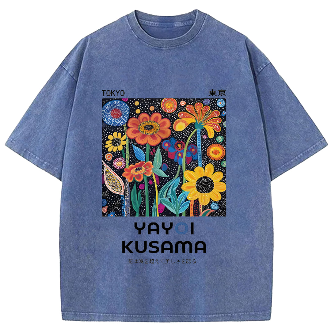Yayoi Kusama Flower Vintage Japanese Design Washed Crew Neck T-Shirt