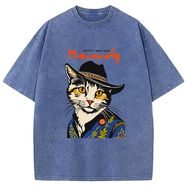 Funny Cat Design Washed Crew Neck T-Shirt