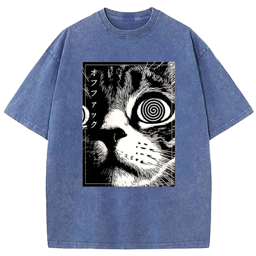 Psychedelic Cat Washed Crew Neck T-shirt