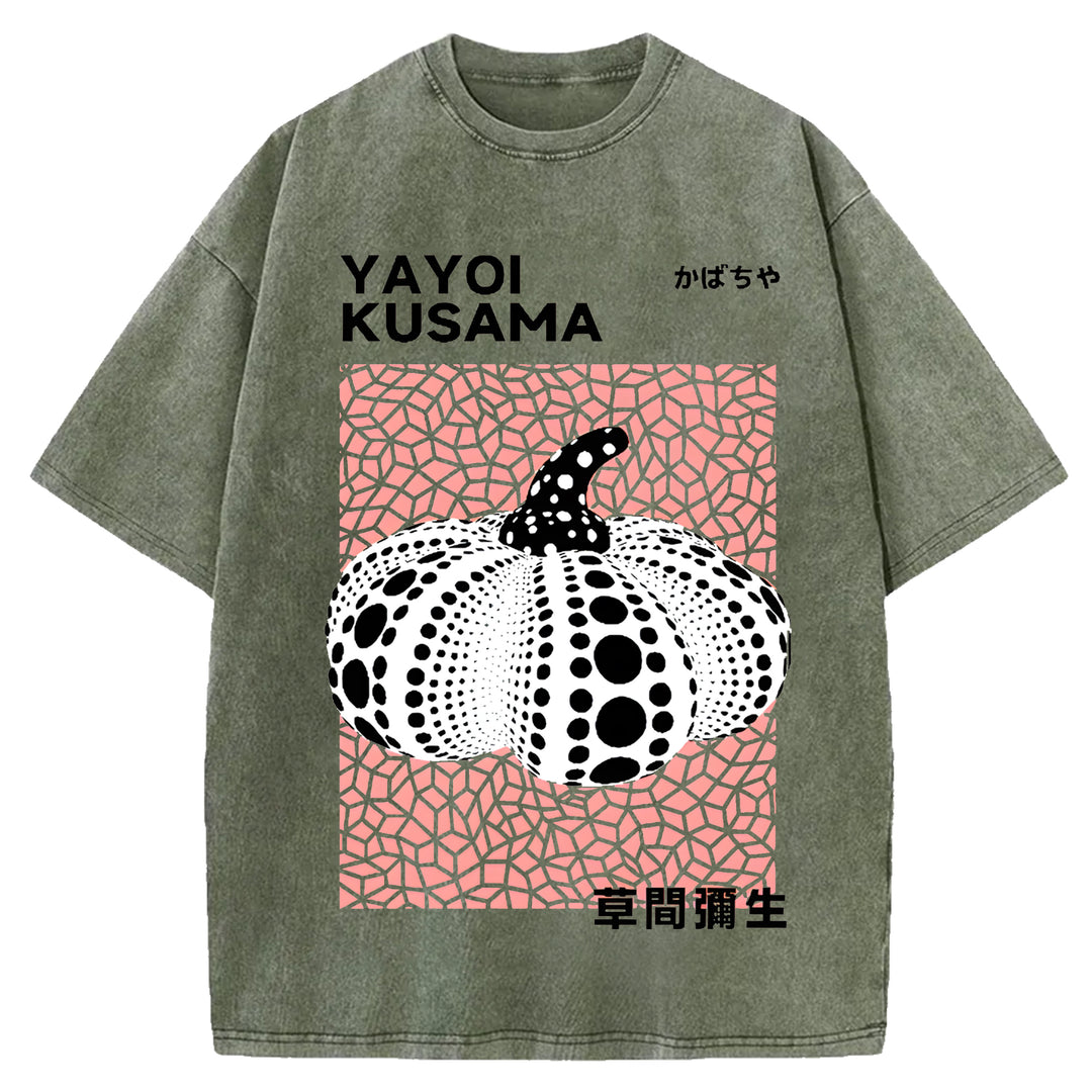 Yayoi Kusama Polka Dot Pumpkin Vintage Design Washed Crew Neck T-Shirt