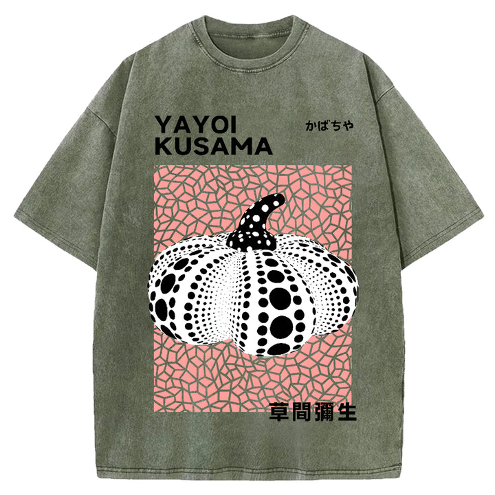 Yayoi Kusama Polka Dot Pumpkin Vintage Design Washed Crew Neck T-Shirt