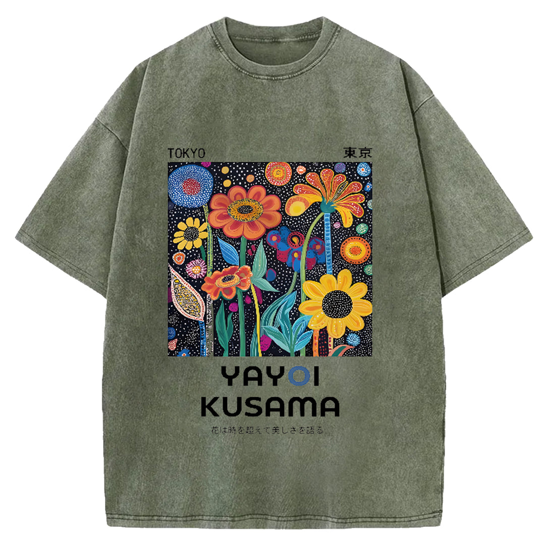 Yayoi Kusama Flower Vintage Japanese Design Washed Crew Neck T-Shirt