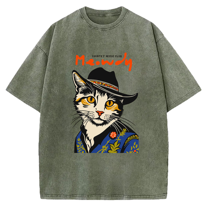 Funny Cat Design Washed Crew Neck T-Shirt