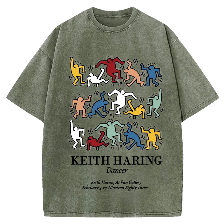 Keith Haring Dancer Vintage Design Washed Crew Neck T-Shirt