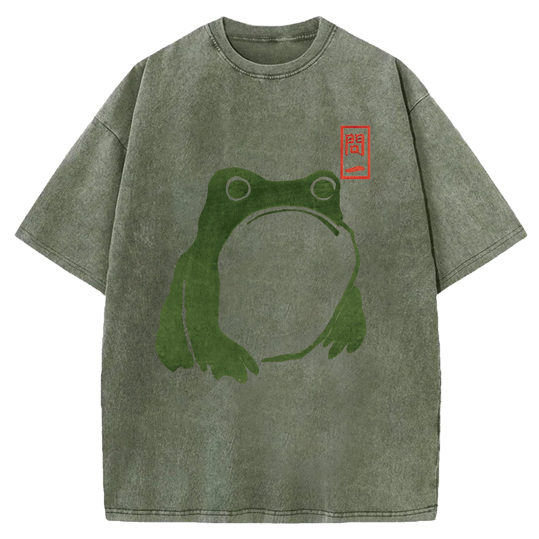 Retro Frog Design Washed Crew Neck T-Shirt