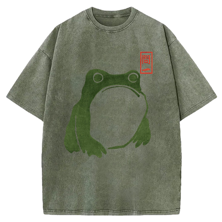 Retro Frog Design Washed Crew Neck T-Shirt