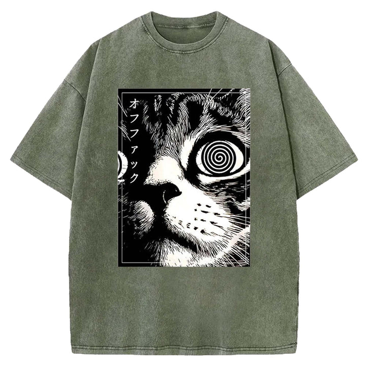 Psychedelic Cat Washed Crew Neck T-shirt