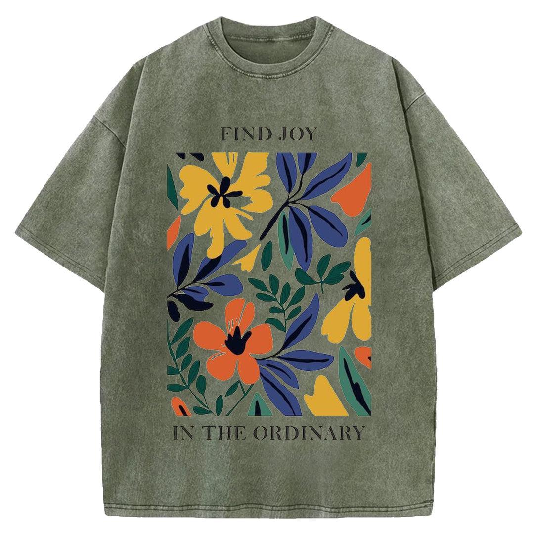 Vintage Flower Design Washed Crew Neck T-shirt