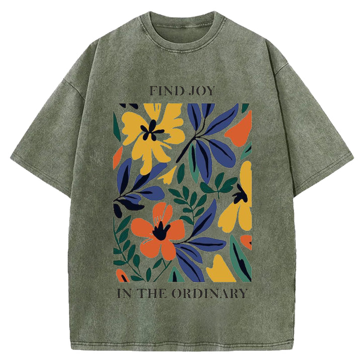 Vintage Flower Design Washed Crew Neck T-shirt