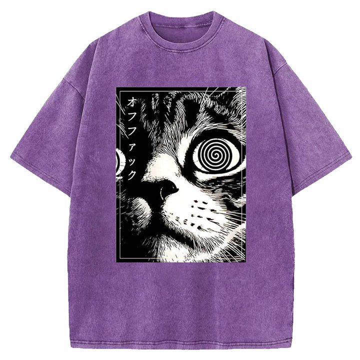 Psychedelic Cat Washed Crew Neck T-shirt