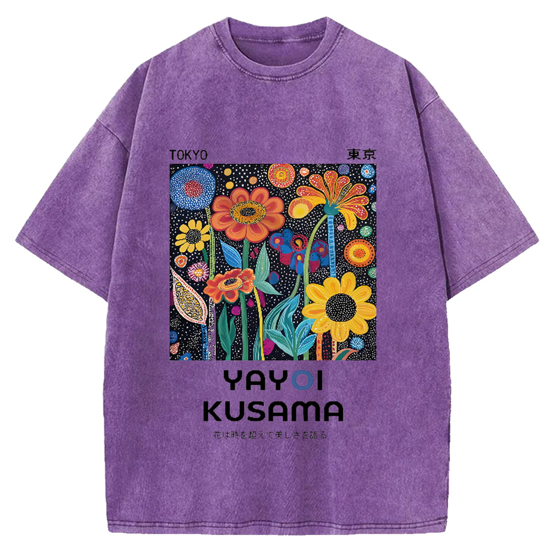 Yayoi Kusama Flower Vintage Japanese Design Washed Crew Neck T-Shirt