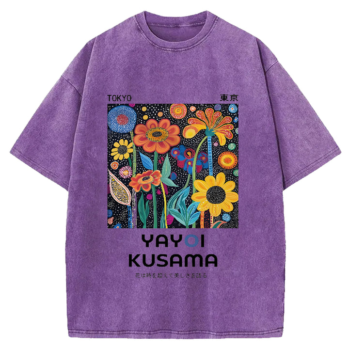 Yayoi Kusama Flower Vintage Japanese Design Washed Crew Neck T-Shirt