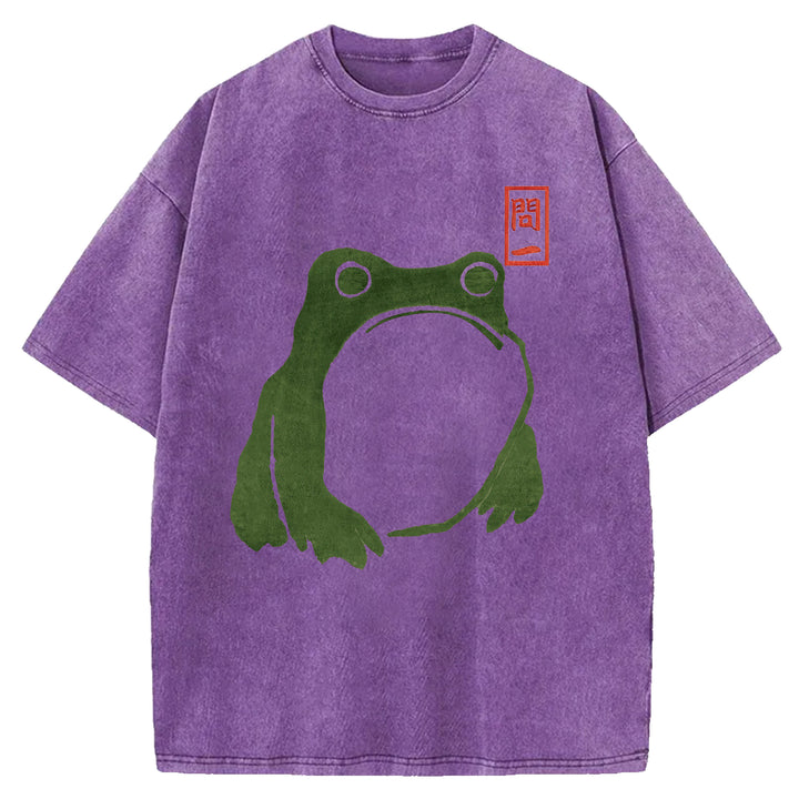 Retro Frog Design Washed Crew Neck T-Shirt
