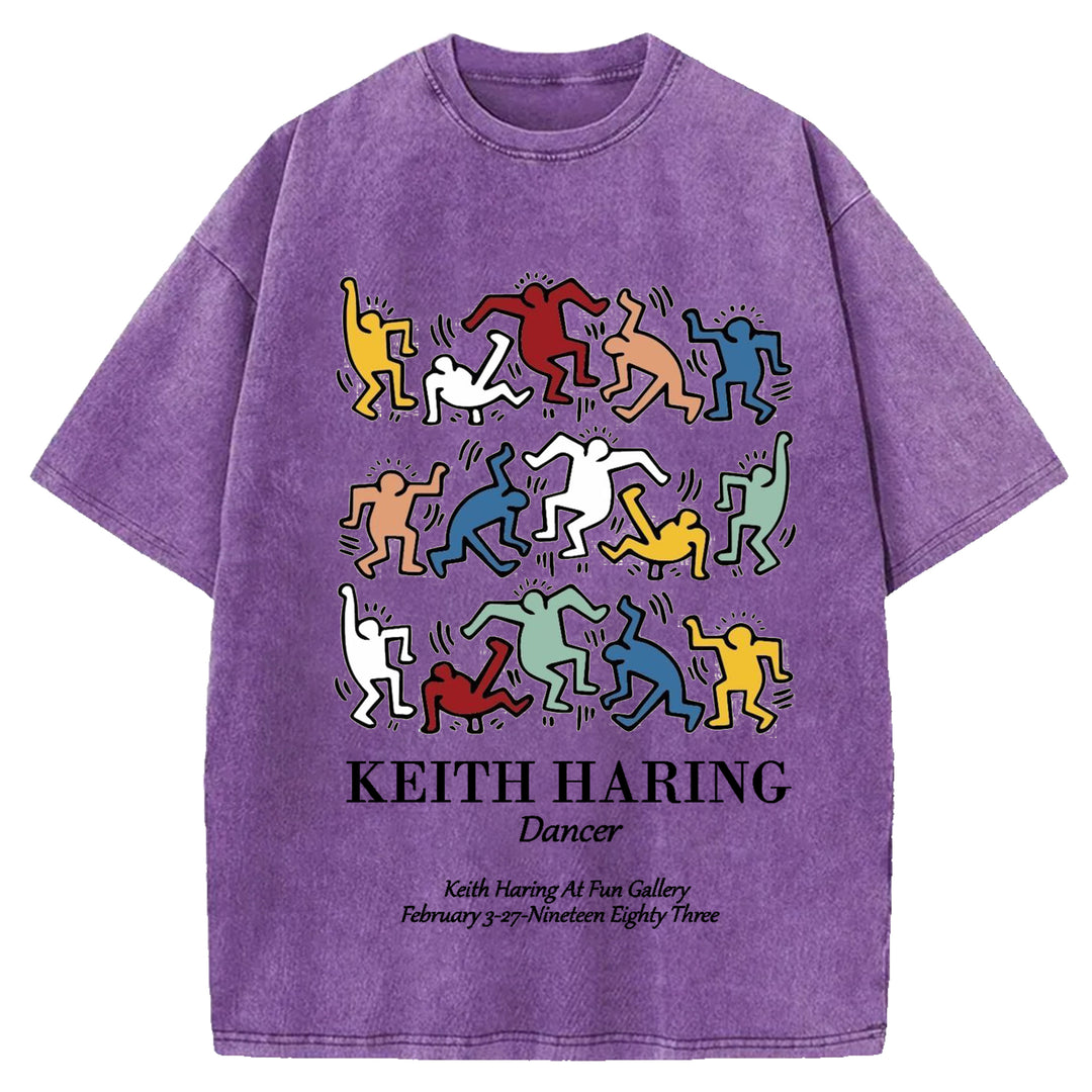Keith Haring Dancer Vintage Design Washed Crew Neck T-Shirt