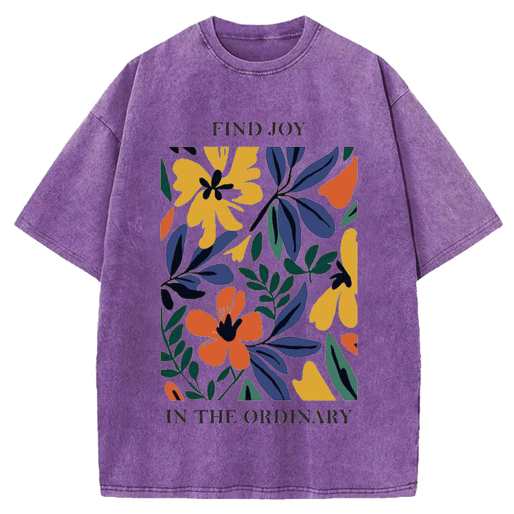 Vintage Flower Design Washed Crew Neck T-shirt