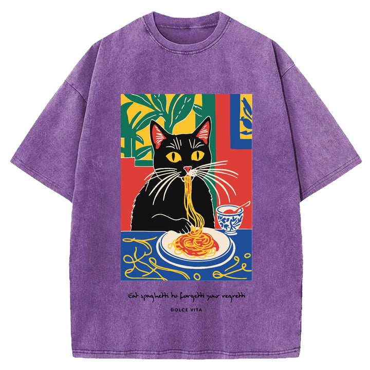 Cat Eating Ramen Vintage Washed Crew Neck T-Shirt