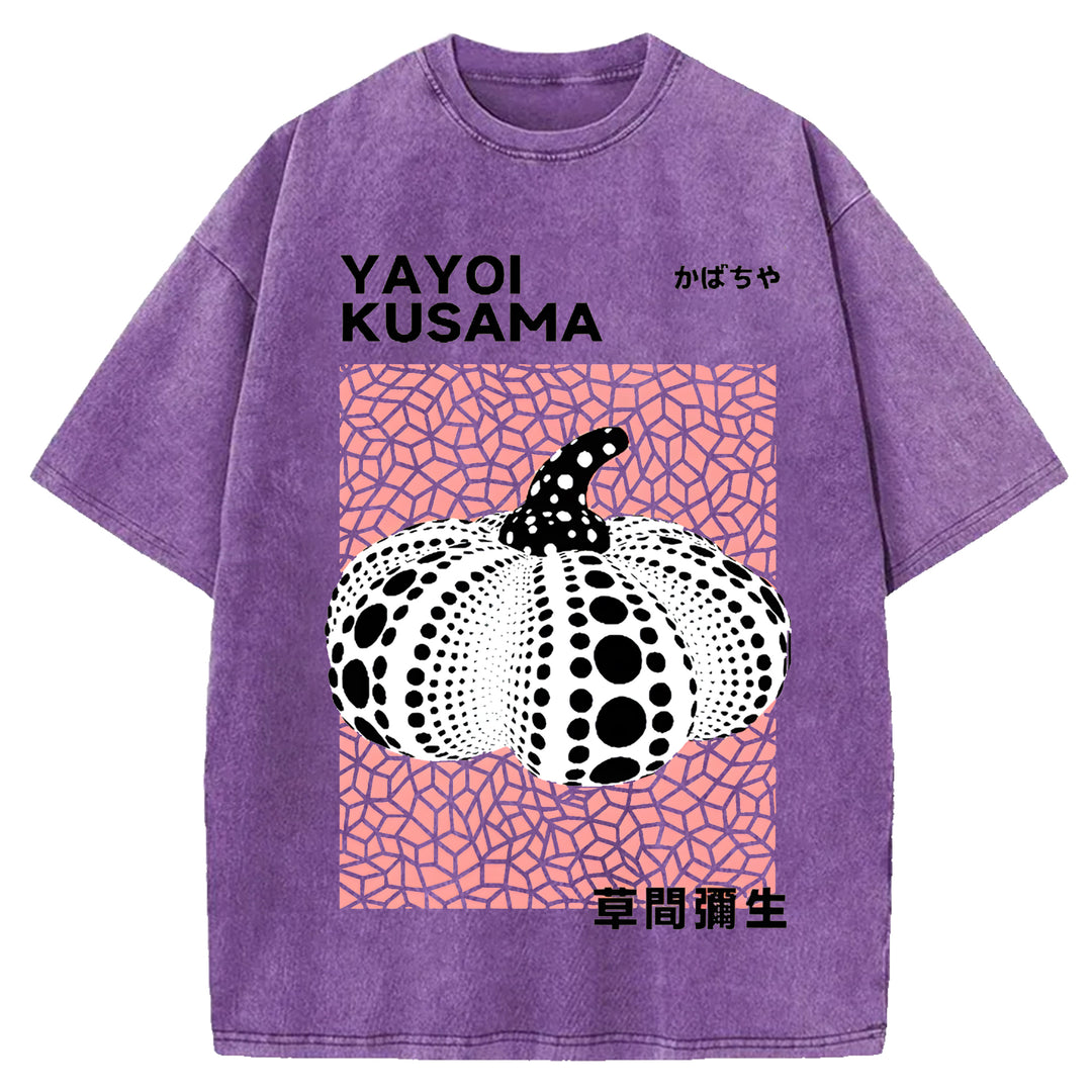 Yayoi Kusama Polka Dot Pumpkin Vintage Design Washed Crew Neck T-Shirt