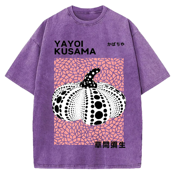 Yayoi Kusama Polka Dot Pumpkin Vintage Design Washed Crew Neck T-Shirt