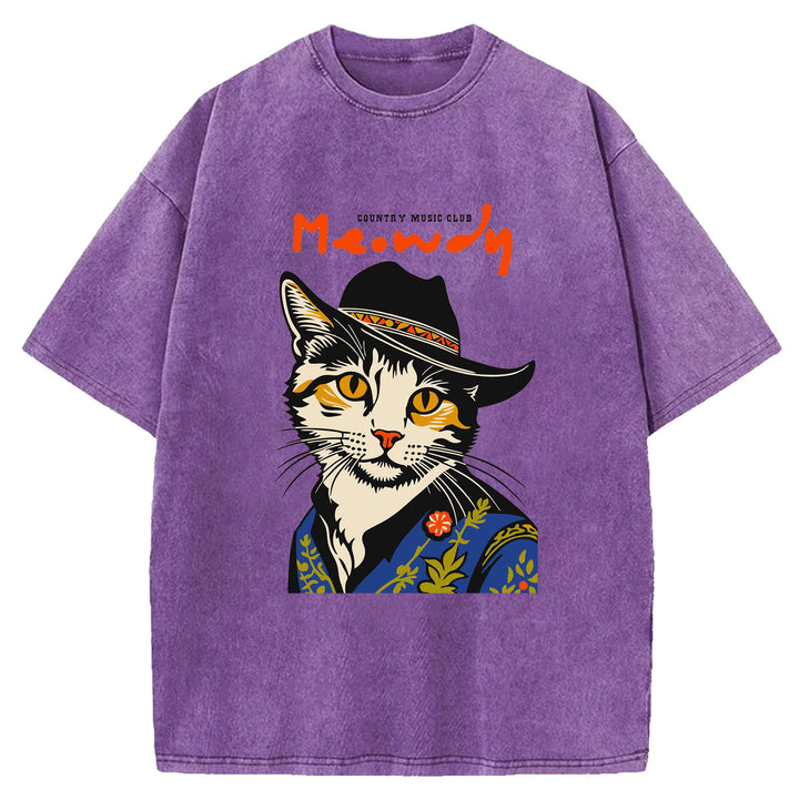 Funny Cat Design Washed Crew Neck T-Shirt